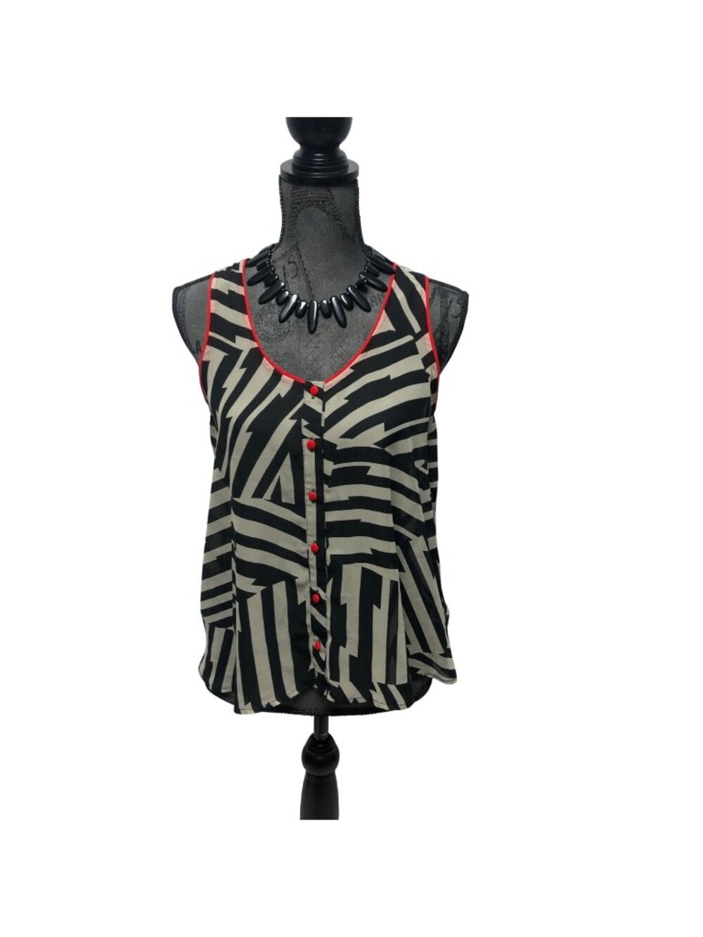 Mind Code Blouse Womens Size Medium Black Gray Red Sheer Crossover Back Artsy